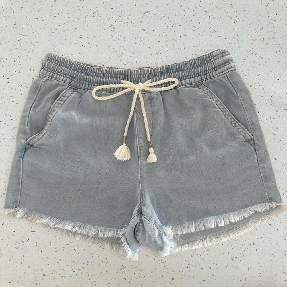Loft Ann Taylor Chambray Linen Blend Drawstring Frayed Hem Shorts SMALL
